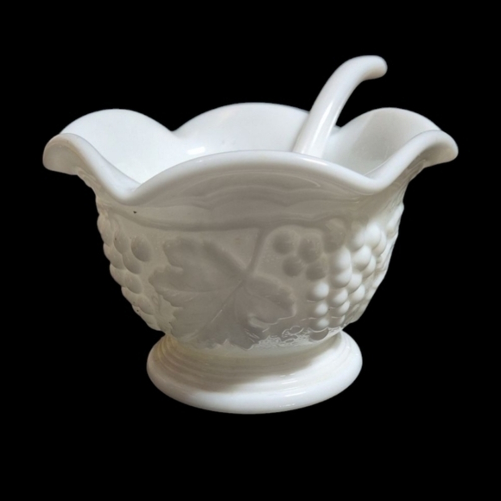 VTG Imperial Glass Milk Glass Grape Pattern Serving Dish with a Spoon
